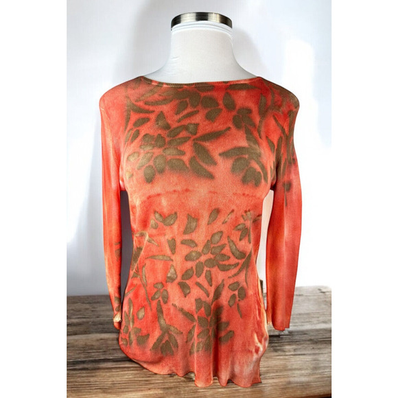 Marika Charles Orange Floral Semi Sheer Long Sleeve Top Women's Size 3 or Large? - Picture 11 of 11